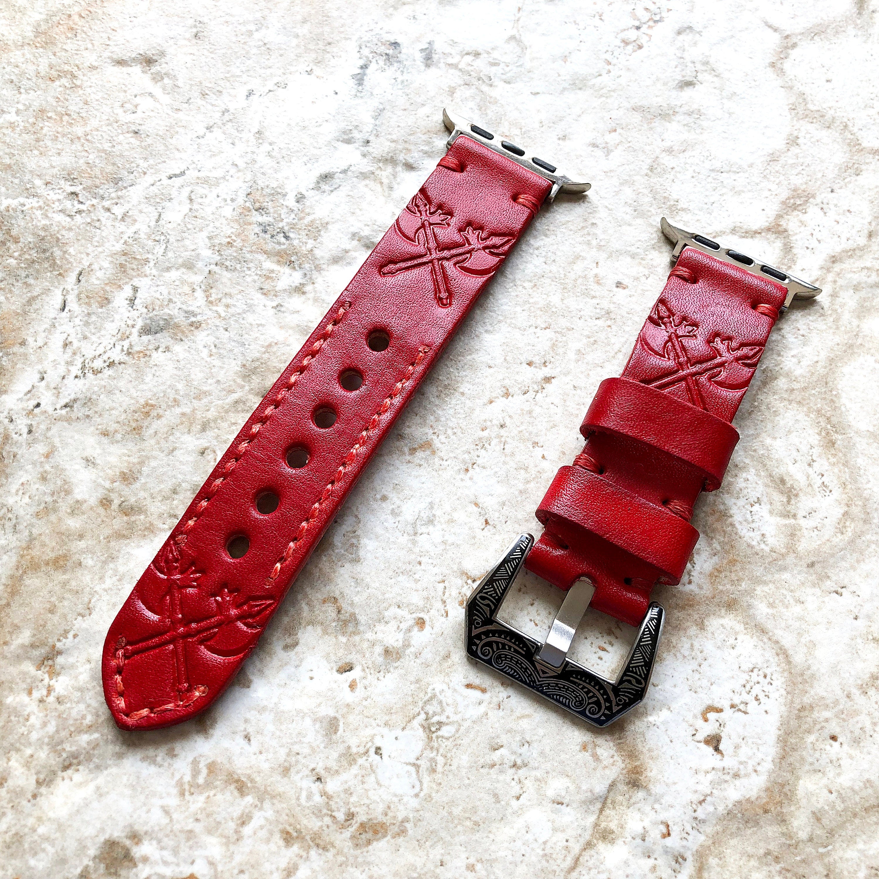 Crossed Axes Band 22mm 24mm 25mm Compatible with Apple Watch Fitbit Versa 2 3 4 Sense 2 Ionic Tooled Embossed Genuine Leather Strap